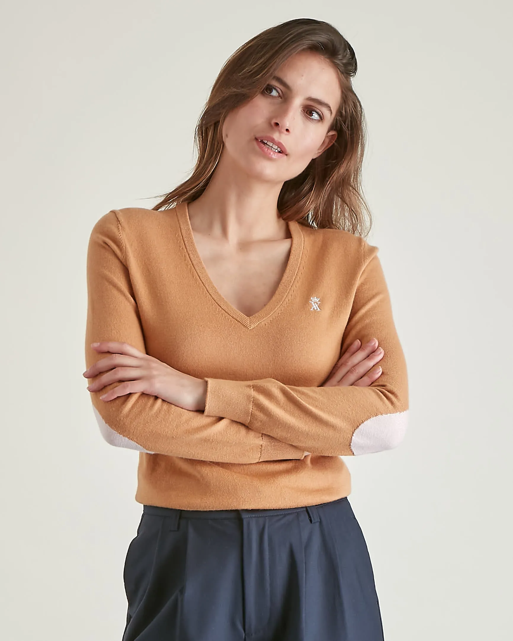 Pull Col V à Coudières Beige Femme