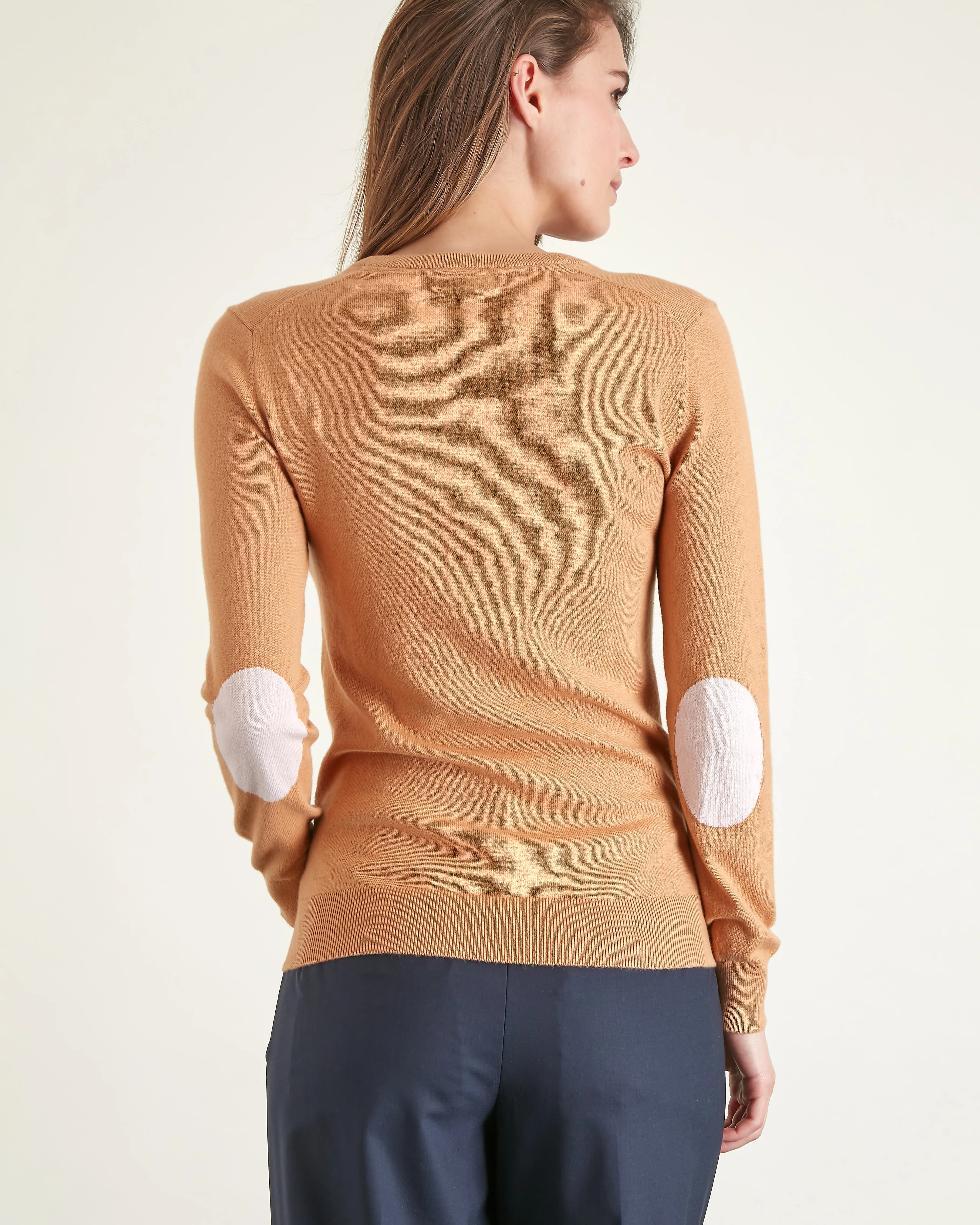 Pull Col V à Coudières Beige Femme
